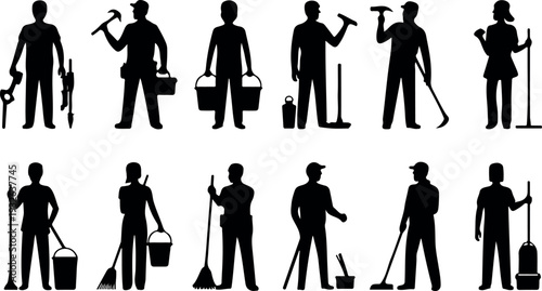 Silhouettes of Professional Service Workers Including Janitors, Cleaners, and Repairmen with Tools, Vector Illustration for Service Industry Concepts