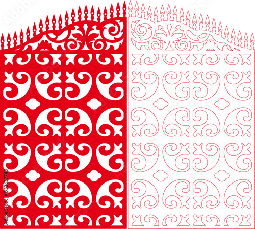 Red Fleur de Lis Scroll Row Laser Cut Panel with Elegant Baroque Horizontal Repeat Pattern - Vector Stencil Template