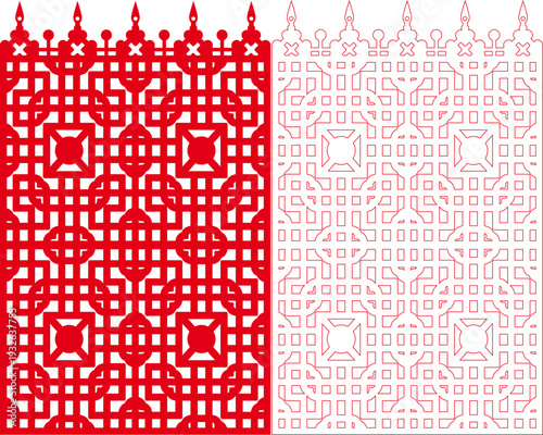 Red Gothic Square Grid Geometric Laser Cut Panel with Dense Interlocking Lattice Pattern - Vector Stencil Template