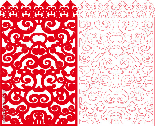 Red Traditional Chinese Cloud Swirl Laser Cut Panel with Mongolian Folk Scroll Border Pattern - Vector Stencil Template