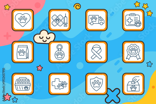 Pet care veterinary set icon. Heart paw, bandage syringe, ambulance van, medical kit, food bag, tag medal, ribbon awareness, award badge, carrier box, cross paw, shield paw, donation box.