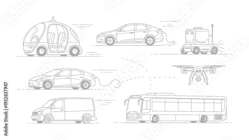 Future Transport: A visionary illustration presents an array of advanced transportation concepts, including autonomous vehicles, drones, and electric cars, pointing toward an innovative future.