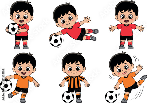 Cute Little Boy Soccer Player Dribbling, Diving Goalkeeper, and Scoring Goal in Fun Cartoon Vector Illustration for Sports and Fitness