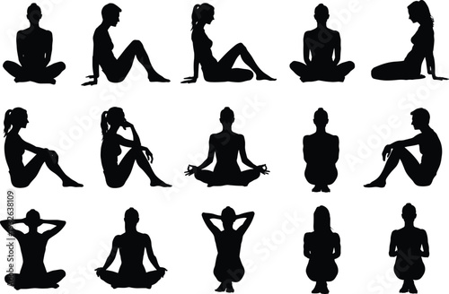 Flat vector silhouettes of diverse people in seated postures, meditation, yoga, relaxation, ergonomic sitting positions, abstract human design