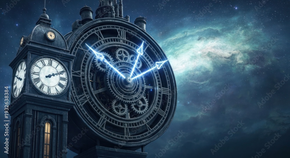 Fototapeta premium Clockwork time tower against starry sky