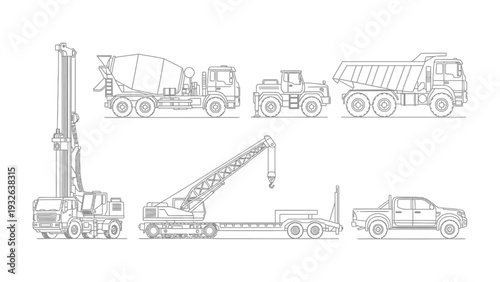 Construction vehicles collection: An artistic rendering of a variety of essential construction vehicles in the field. This image shows the construction machinery used for different purposes.