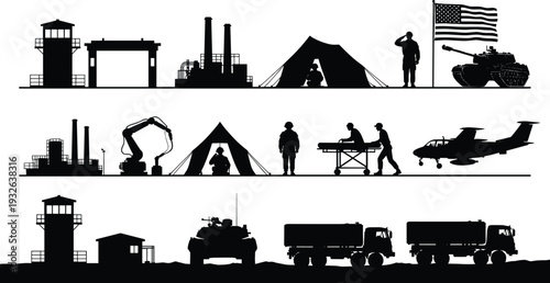 Military Base and Industrial Logistics Silhouette Set Featuring Army Soldiers Tank Jet Hangar Medical Evacuation Factory Infrastructure Guard Tower and United States Flag Graphics