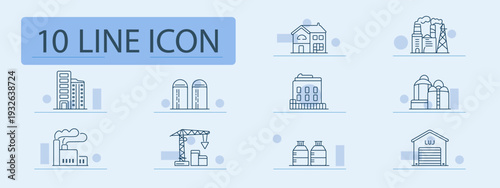 Real estate set icon. Apartment building, silos, office block, house, factory, crane construction, storage tanks, warehouse, property development, urban infrastructure.