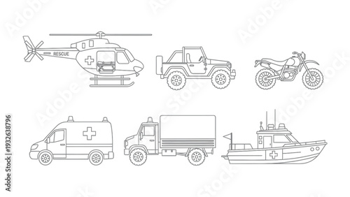 Emergency Vehicle Outlines: A collection of various emergency vehicles, meticulously illustrated, designed for versatile uses.