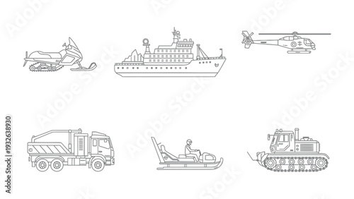 Variety of transportation: Diverse modes of transportation are illustrated, showcasing a range of vehicles designed for various terrains and purposes, offering a comprehensive view of mobility.