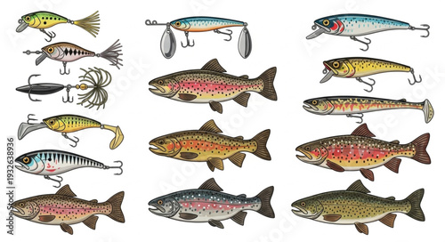 Collection of various fishing lures and colorful fish illustrations.