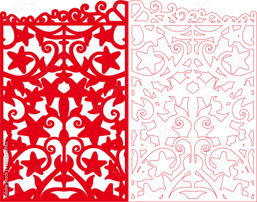 Red Autumn Leaf Floral Damask Laser Cut Panel with Botanical Star Leaf Scroll Pattern - Vector Stencil Template