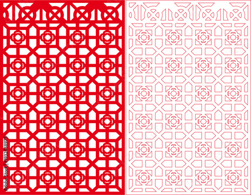 Red Octagonal Geometric Lattice Laser Cut Panel with Islamic Mosaic Grid Pattern - Vector Stencil Template