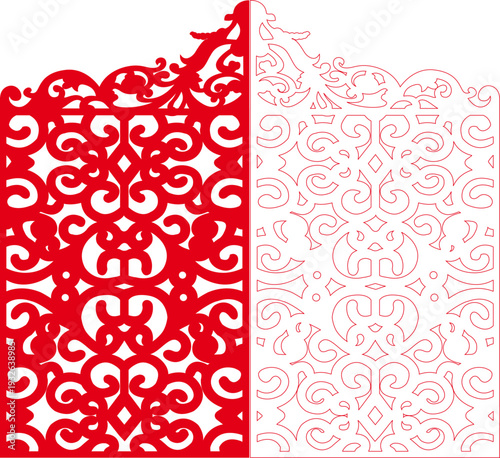 Red Baroque Rococo Butterfly Swirl Laser Cut Panel with Elegant Floral Scroll Pattern - Vector Stencil Template