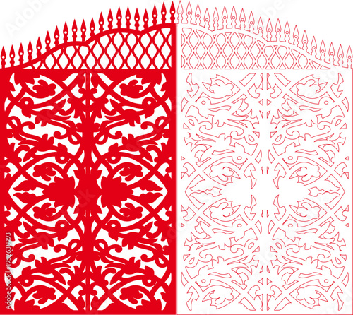 Red Dragon Mythical Creature Laser Cut Panel with Oriental Baroque Scroll Pattern - Vector Stencil Template
