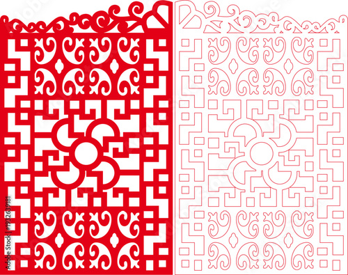 Decorative Paper Cut Heart Scroll Fretwork Panel with Circular Medallion Center and Geometric Square Border, Laser Cut Ornamental Romantic Swirl Repeat Screen Frame Design