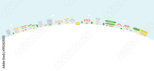 Horizontal flat town illustration in curved arrangement with wide blank space below