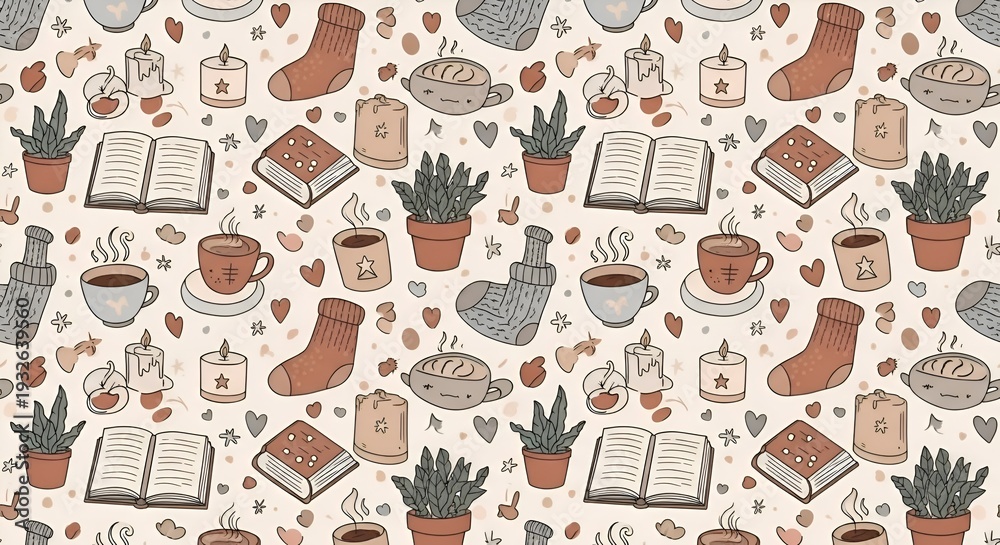 Obraz premium Whisk Seamless Pattern with Coffee Cup Book and Plant