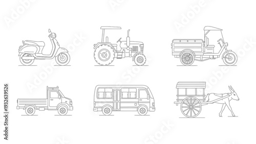 Transportation Line Art: A collection of various vehicles and modes of transport, illustrated in sleek line art, representing diverse transport options.