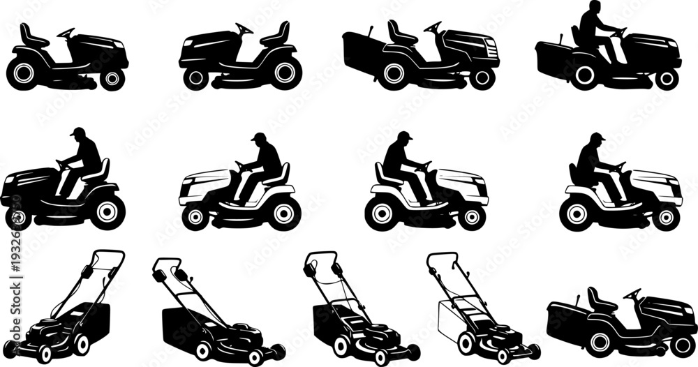 Fototapeta premium Professional Riding Lawn Mower Silhouette - Garden Tractor and Landscaping Machinery Vector