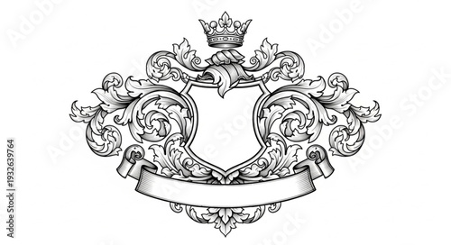 Elegant heraldic crest design with crown, shield, and decorative elements, vintage style.