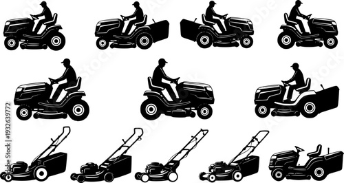 Professional Riding Lawn Mower Silhouette - Garden Tractor and Landscaping Machinery Vector