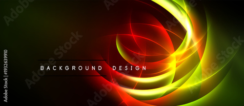 Abstract vibrant design. Smooth curves, glowing lines create dynamic visual effect. Dark background emphasizes bright colors.