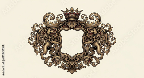 Ornate heraldic emblem featuring regal lions and a crown, intricate design.
