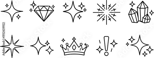 Collection of sparkling icons including diamonds, stars, crystals, and a crown