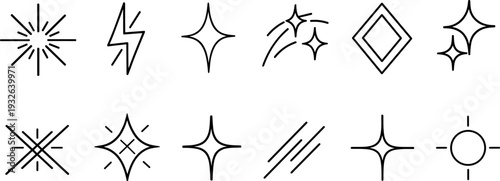 Collection of simple line art icons representing sparkles, stars, and flashes
