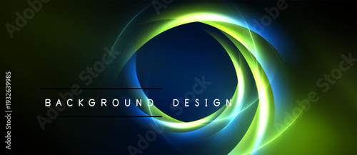 Abstract design features glowing circular layers. Dark background contrasts bright neon colors, creating dynamic visual effect.