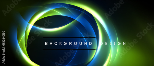 Abstract neon lights form circular shapes. Blue, green hues dominate dark background. Text reads background design. Modern, vibrant visual.