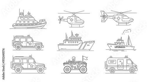 Essential Rescue Assets: An array of detailed illustrations showcases vital rescue vehicles, ready for action and service. 