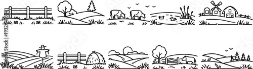 Collection of simple line art farm scenes with rural elements and animals