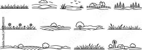 Collection of simple line art landscape elements for design and illustration