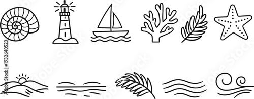 Collection of simple line art icons representing beach and ocean elements