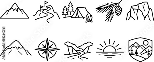 Collection of outdoor adventure and nature icons in a simple line art style