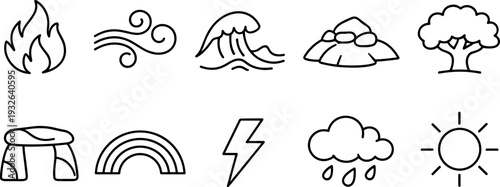 Collection of simple line art icons representing natural elements and weather phenomena