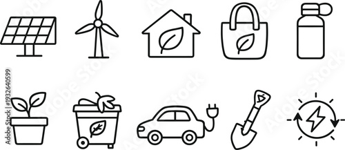 Collection of eco-friendly icons representing sustainability and green living concepts
