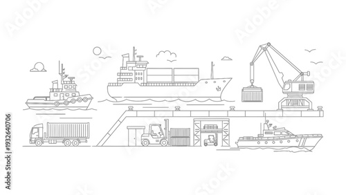Global Logistics Hub: An intricately illustrated scene showcasing the bustling activity of a modern port, highlighting the coordination and efficiency of international trade and cargo transportation.