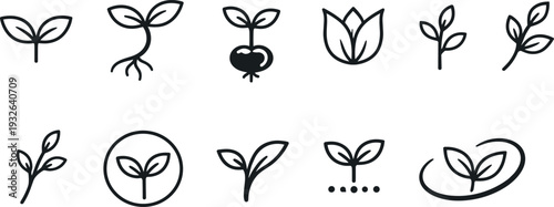 Collection of simple line art icons representing plant growth and seedlings