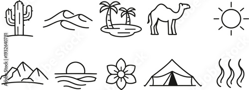 Collection of simple line art icons representing desert and tropical landscapes and elements