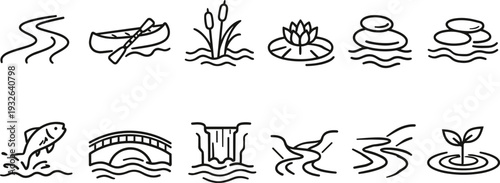 Collection of simple line art icons representing various water elements and nature scenes