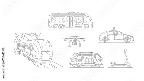 Future of Transport: A visionary illustration showcases an array of innovative transportation modes, promising a future of mobility, from autonomous vehicles to eco-friendly options.