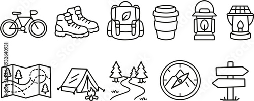 Collection of outdoor adventure and camping icons in a simple line art style