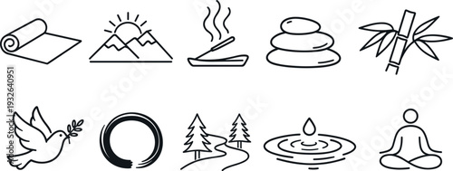 Collection of line art icons representing wellness, meditation, and nature for a peaceful lifestyle