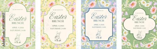 Vintage style Easter brunch invitation set with watercolor floral borders and decorative frames. Perfect for holiday cards, spring event invites and printable decor