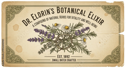 Vintage Botanical Elixir Label Featuring Lavender and Herbal Elements.