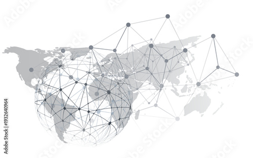 Abstract digital illustration featuring a geometric wireframe globe and world map with interconnected polygonal nodes and network lines. Modern minimal isolated black and white vector design template
