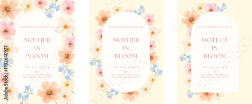 Elegant Mother’s Day invitation set with soft watercolor flowers and pastel tones. Perfect for greeting cards, event invites, printable posters and social media posts